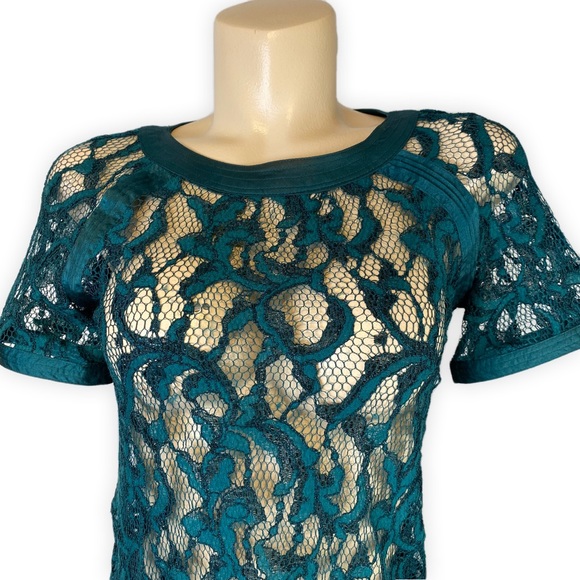 ^^HOST PICK^^ Teal Lace Overlay Blouse Sexy See Through • Size S - Picture 5 of 7